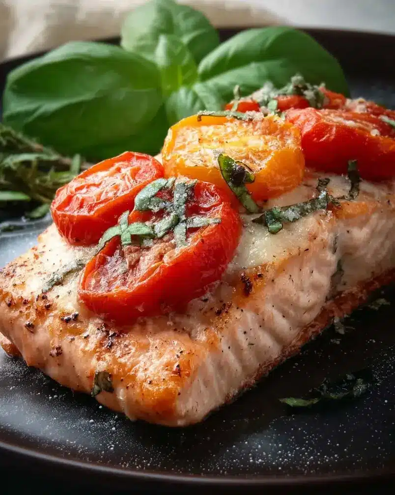 Tomato Basil Salmon 3 Salmon fillets baking in a dish with cherry tomatoes and basil
