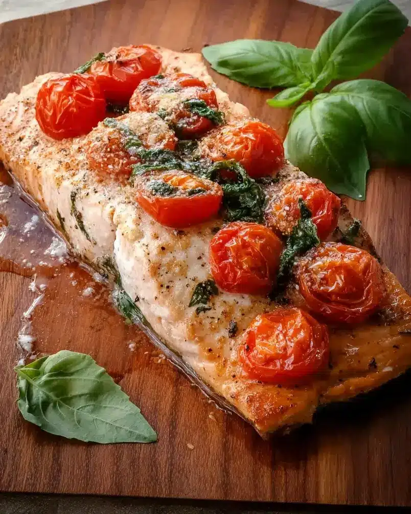 Tomato Basil Salmon 2 Fresh salmon fillets alongside chopped tomatoes, basil, garlic, and lemon