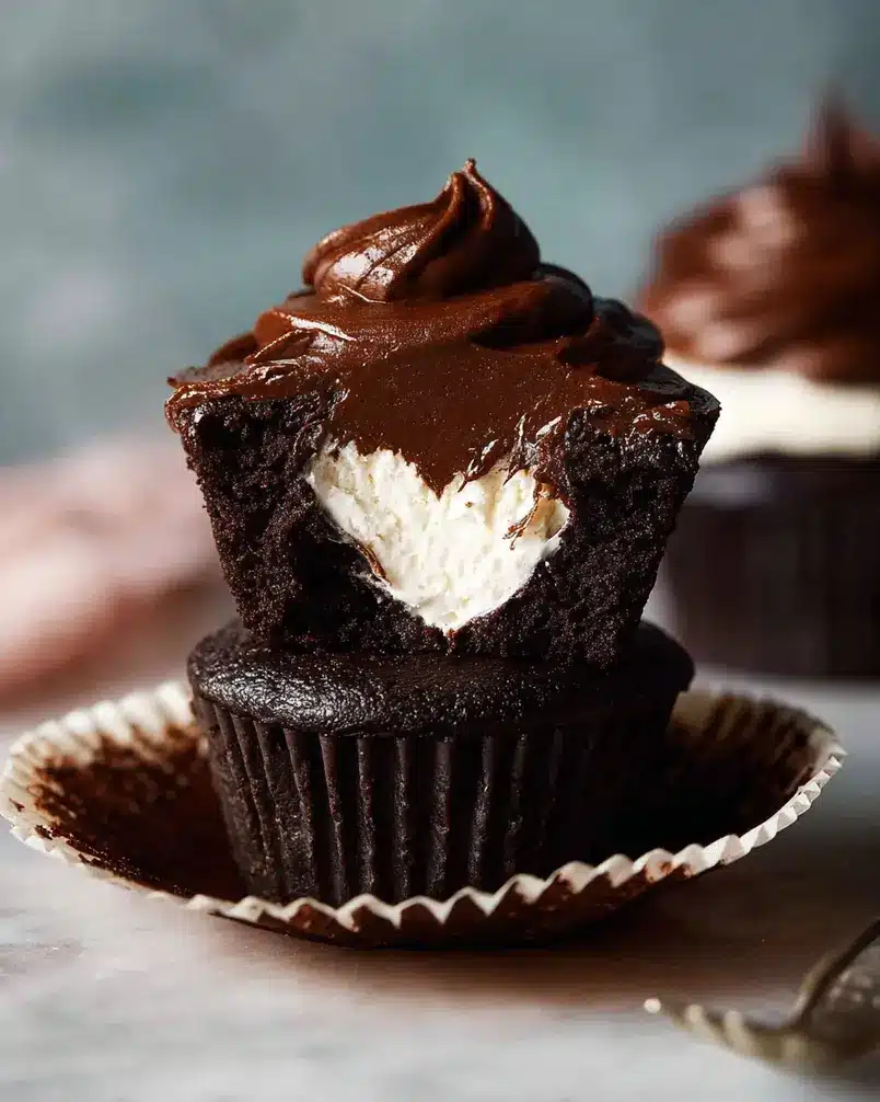 Whipped Cream-Filled Chocolate Cupcakes With Chocolate Ganache Frosting 3 A batch of freshly baked chocolate cupcakes cooling on a wire rack, ready for their filling and frosting.