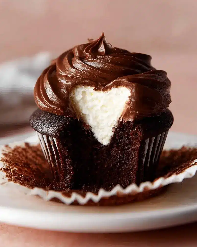 Whipped Cream-Filled Chocolate Cupcakes With Chocolate Ganache Frosting 2 A close-up view of moist chocolate cupcakes being prepared, with ingredients like flour, cocoa powder, and eggs visible on a rustic wooden surface.
