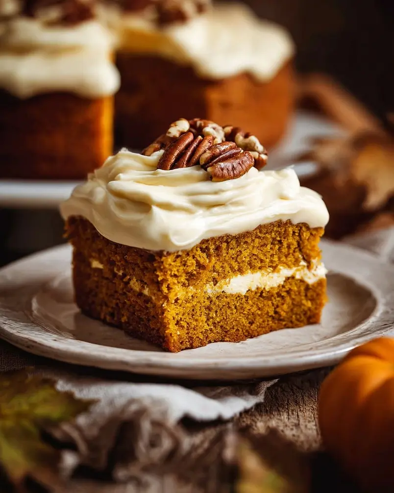 Pumpkin Cake with Cream Cheese Frosting 3 A close-up shot of a cake batter being poured into a baking pan, showing its rich texture.