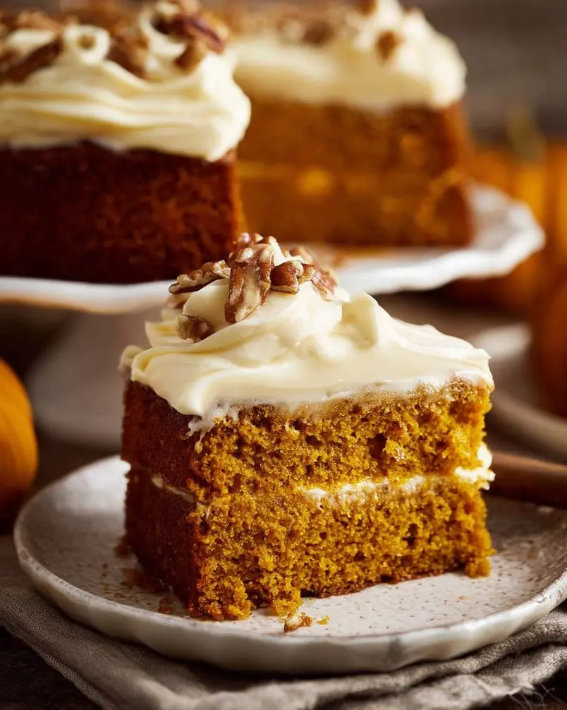 Pumpkin Cake with Cream Cheese Frosting 2 A hands-on scene of a baker measuring pumpkin puree into a mixing bowl, surrounded by baking ingredients.