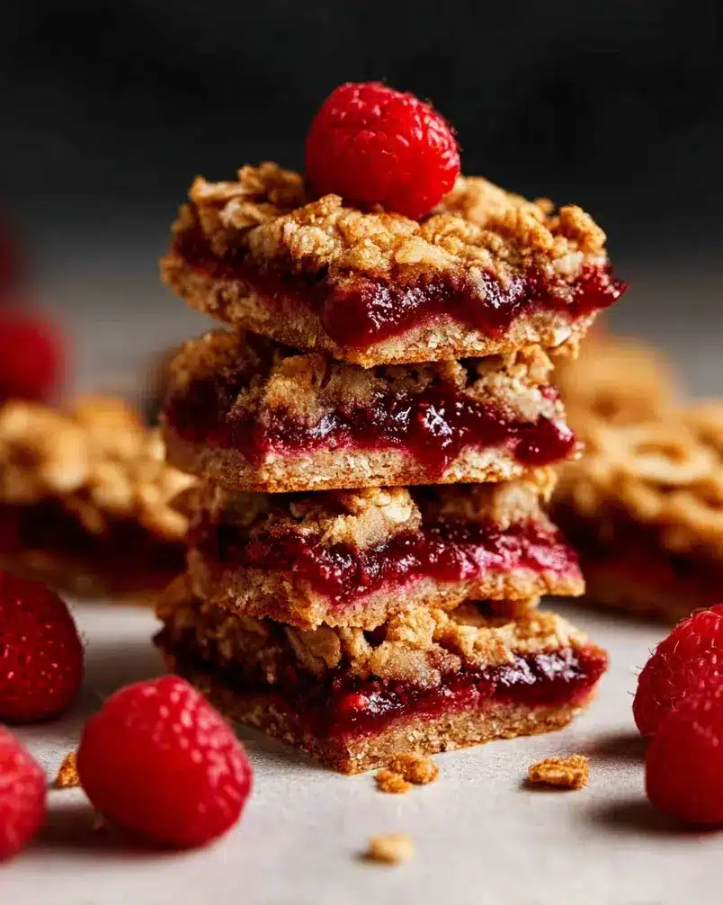 Raspberry Jam Oat Bars 2 A close-up shot of ingredients for Raspberry Jam Oat Bars being prepared, with a bowl of oats, a jar of raspberry jam, and measuring cups visible.