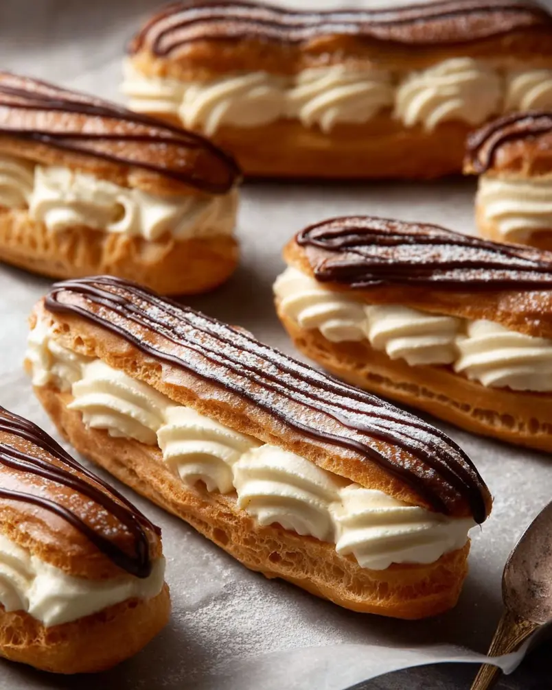 Éclairs 2 Close-up of choux pastry being piped for éclairs, showing perfect texture.