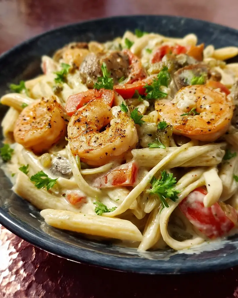 Peppered Shrimp Alfredo 3 Close-up of shrimp sizzling in a pan with black pepper and spices.