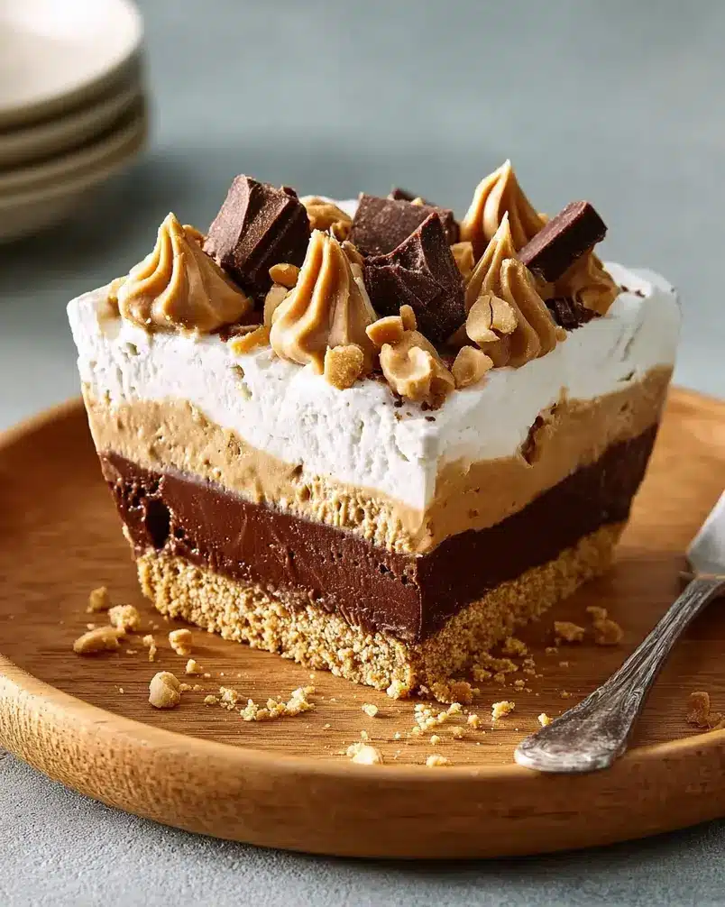 My Chocolate-Peanut Butter Delight Is No-Bake and So Much Easier Than It Looks 3 A spatula spreading the chocolate topping over the peanut butter layer in a baking dish