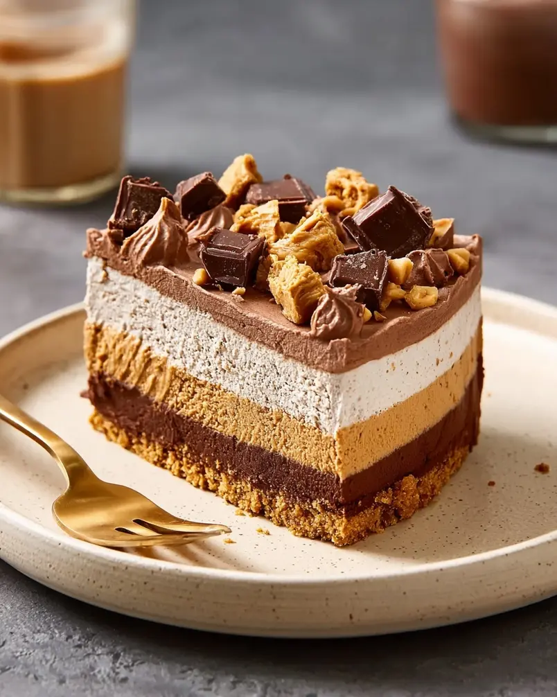 My Chocolate-Peanut Butter Delight Is No-Bake and So Much Easier Than It Looks 2 Layers of chocolate and peanut butter being assembled in a dish for a no-bake dessert