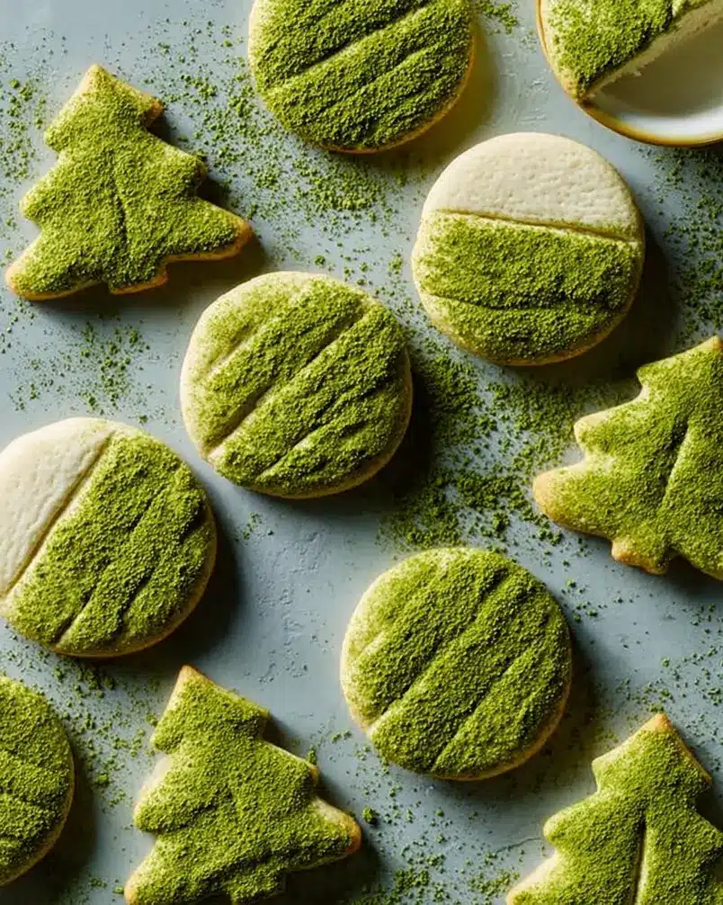 Matcha Sugar Cookies 3 A batch of round matcha sugar cookies cooling on a wire rack, showing their vibrant green hue.