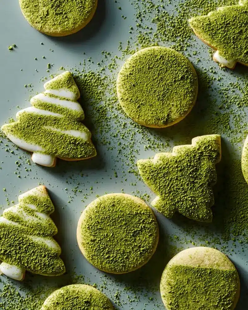 Matcha Sugar Cookies 2 Vibrant green matcha powder and baking ingredients laid out on a wooden surface, ready for making matcha sugar cookies.