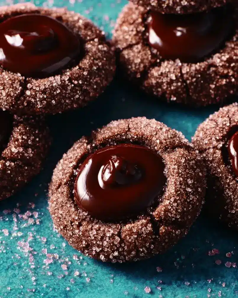 Double-Chocolate Thumbprint Cookies 3 Oven-baked double-chocolate thumbprint cookies cooling on a wire rack.