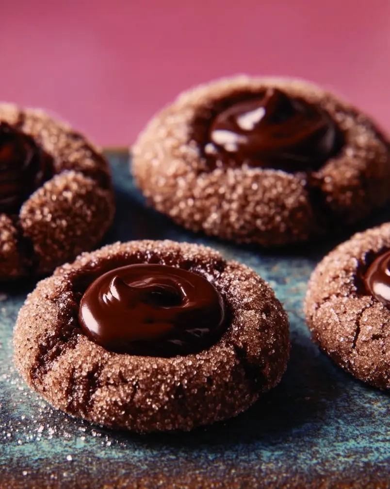 Double-Chocolate Thumbprint Cookies 2 Close-up of double-chocolate thumbprint cookies being prepared, showing dough and chocolate filling.