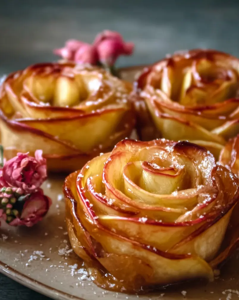 Baked Apple Roses 2 Close-up of thinly sliced apples being arranged to form rose petals