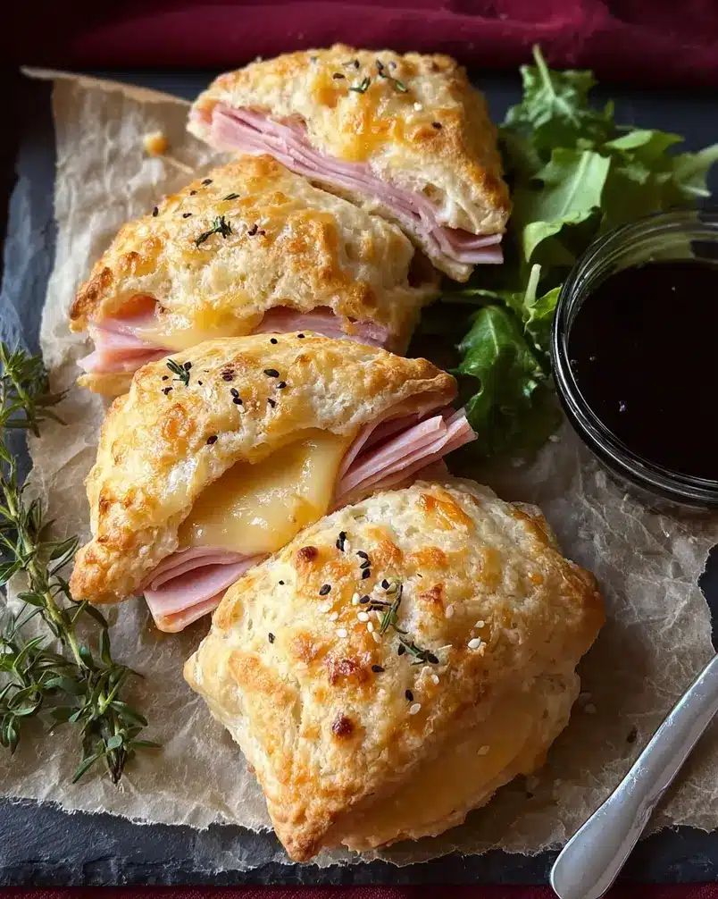Easy Ham and Cheese Biscuits 3 Baking sheet filled with golden brown ham and cheese biscuits.