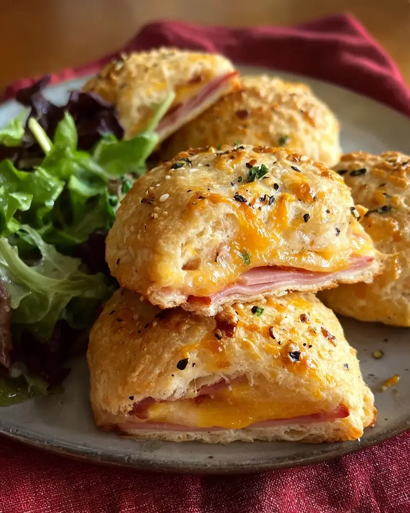 Easy Ham and Cheese Biscuits 2 Close-up of ingredients being prepped for ham and cheese biscuits, including flour, butter, ham, and cheese.