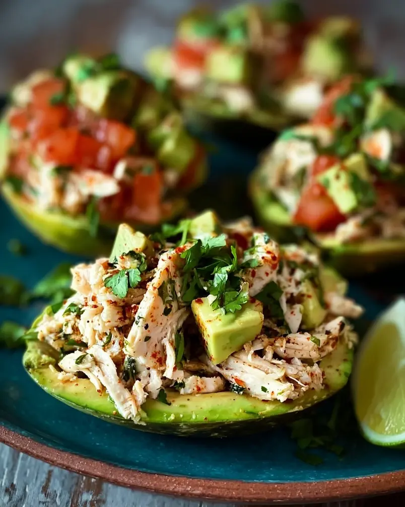 Mexi-Chicken Avocado Cups 3 A person is spooning the colorful Mexi-Chicken filling into ripe avocado halves, with a colorful background suggesting a kitchen environment.