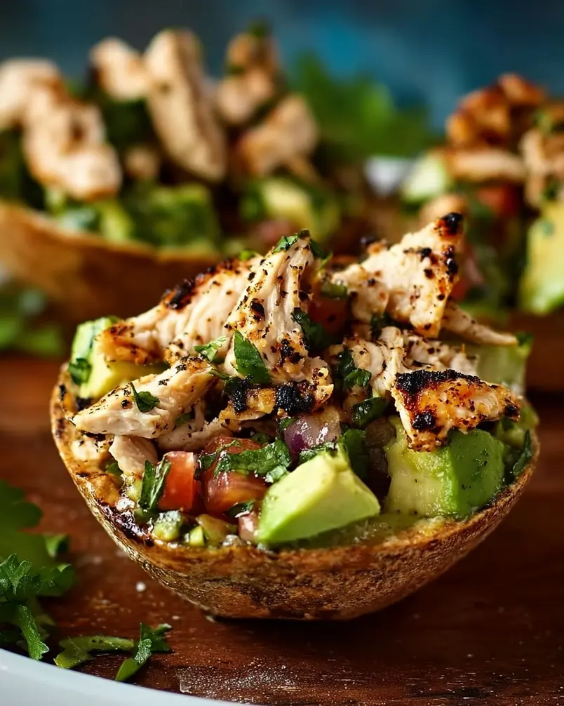 Mexi-Chicken Avocado Cups 2 Close-up of vibrant Mexi-Chicken Avocado Cup ingredients being prepped, showcasing colorful bell peppers, shredded chicken, avocado halves, and fresh cilantro.