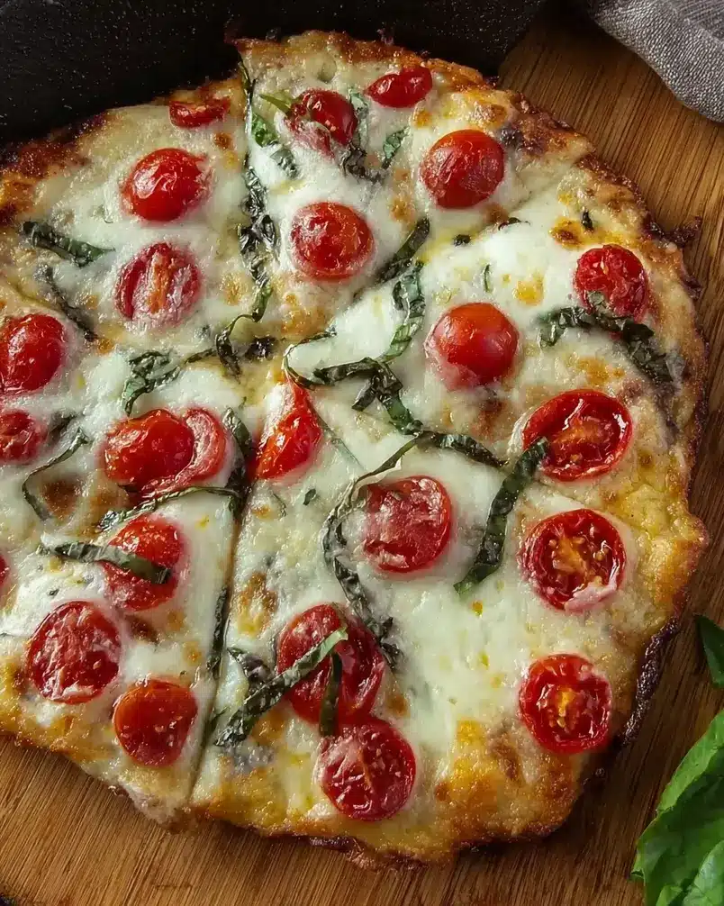 Cheesy-Crust Skillet Pizza 3 Pizza baking in a cast iron skillet on a stovetop