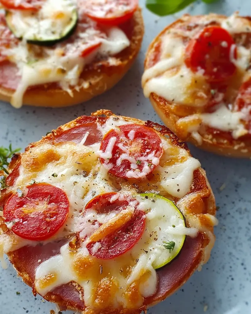 Easy Mini Bagel Pizzas 3 Mini bagel pizzas baking in the oven, with melted cheese and toppings