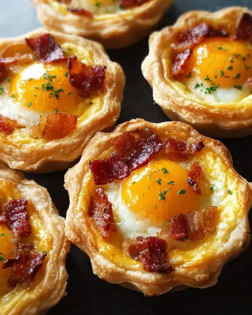 Bacon and Egg Breakfast Tarts 3 Bacon and egg breakfast tarts baking in a muffin tin.