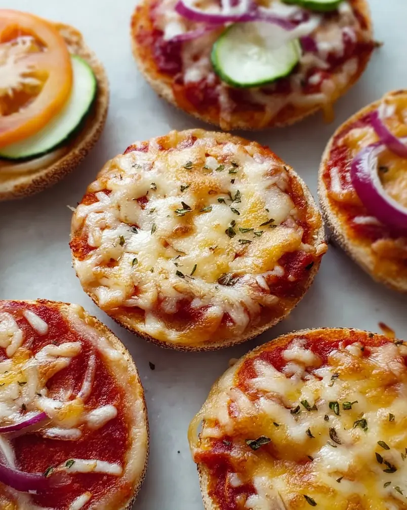 Easy Mini Bagel Pizzas 2 Prep work for mini bagel pizzas, showing halved bagels with sauce and cheese