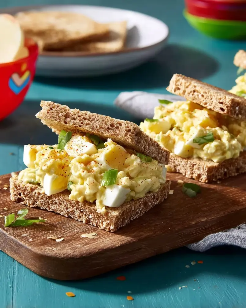 Simple Egg Salad 2 Deliciously creamy simple egg salad being prepared in a bowl with chopped celery and chives.