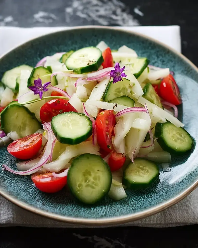 Summer Cucumber Jicama Salad 2 Fresh ingredients for Summer Cucumber Jicama Salad being prepped, including chopped cucumbers, jicama, and herbs.