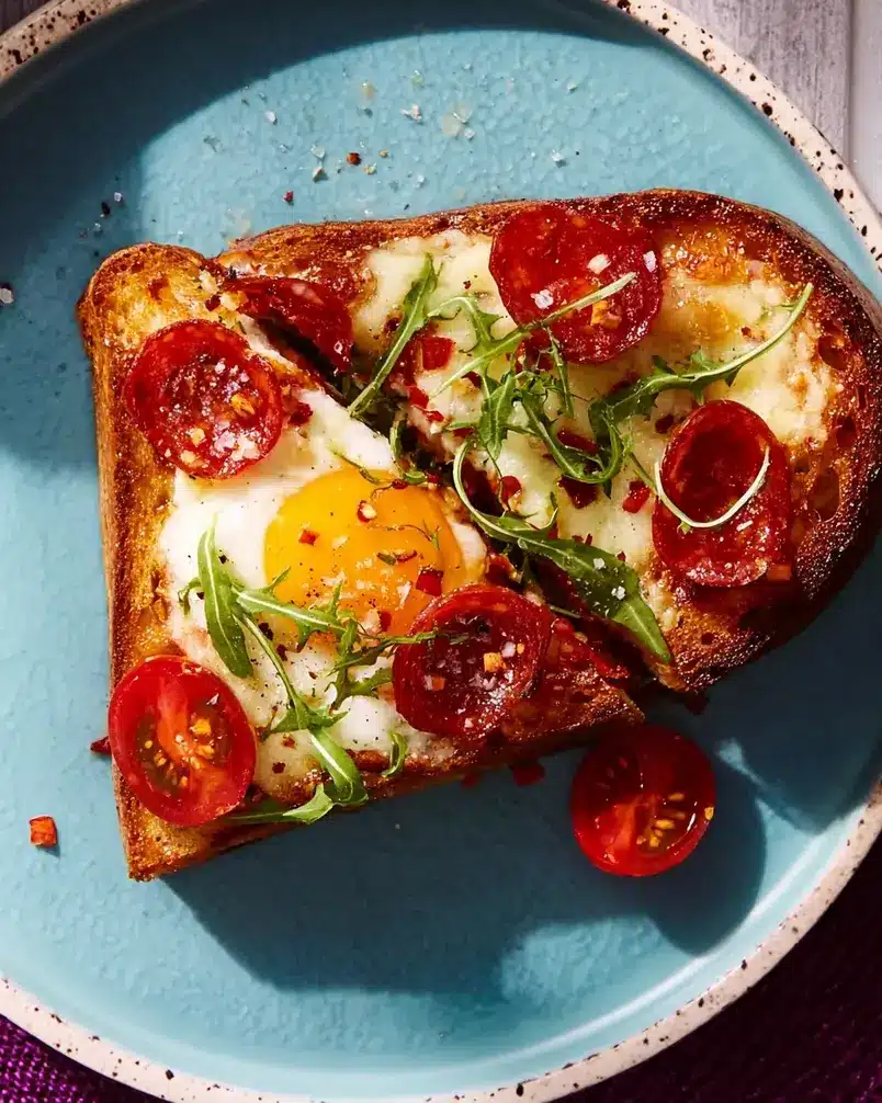 Pizza Lava Toast 3 Assembly of Pizza Lava Toast with sauce, cheese, and toppings