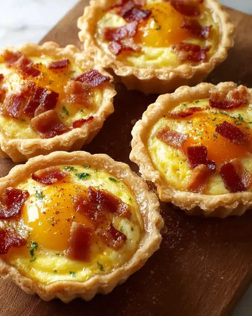 Bacon and Egg Breakfast Tarts 2 A close-up shows flaky pastry shells being filled with bacon and egg mixture.