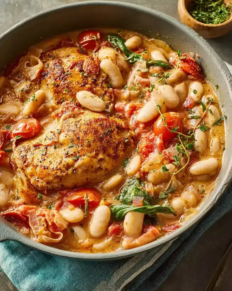 Skillet Chicken and White Bean Stew 3 Sizzling chicken and vegetables in a cast iron skillet, preparing for the Skillet Chicken and White Bean Stew.