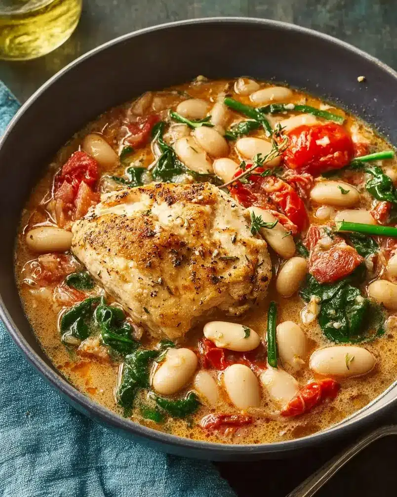 Skillet Chicken and White Bean Stew 2 Fresh ingredients for Skillet Chicken and White Bean Stew being prepped on a wooden cutting board.