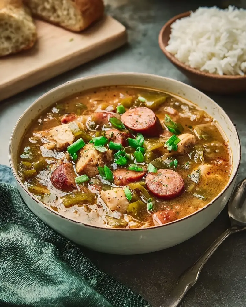 Chicken and Andouille Gumbo 3 A close-up of the gumbo being served over rice, highlighting its rich texture