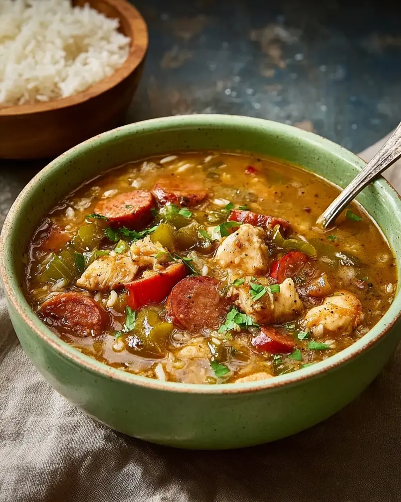 Chicken and Andouille Gumbo 2 A steaming pot of chicken and andouille gumbo with rice and garnishes