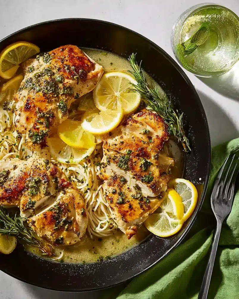 Simple Lemon Herb Chicken 3 A spatula is flipping a golden-brown chicken breast in a sizzling skillet, with visible lemon slices and herbs.