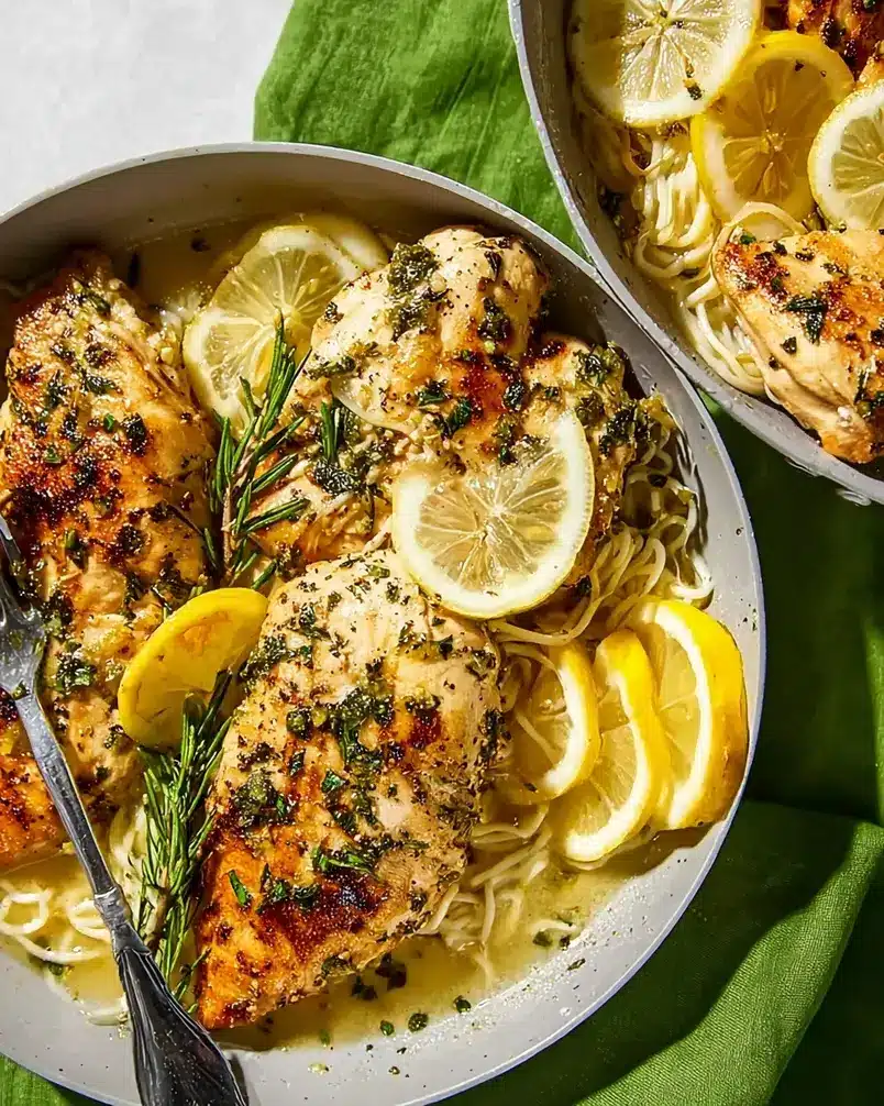 Simple Lemon Herb Chicken 2 Fresh ingredients for Simple Lemon Herb Chicken laid out on a wooden cutting board, including lemons, fresh herbs like rosemary and thyme, and raw chicken breasts.