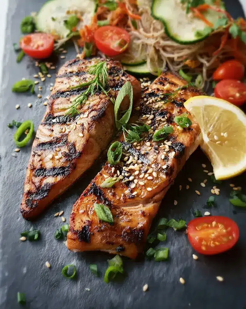 Sesame Grilled Salmon 3 Salmon fillets marinating in a bowl with sesame seeds scattered on top
