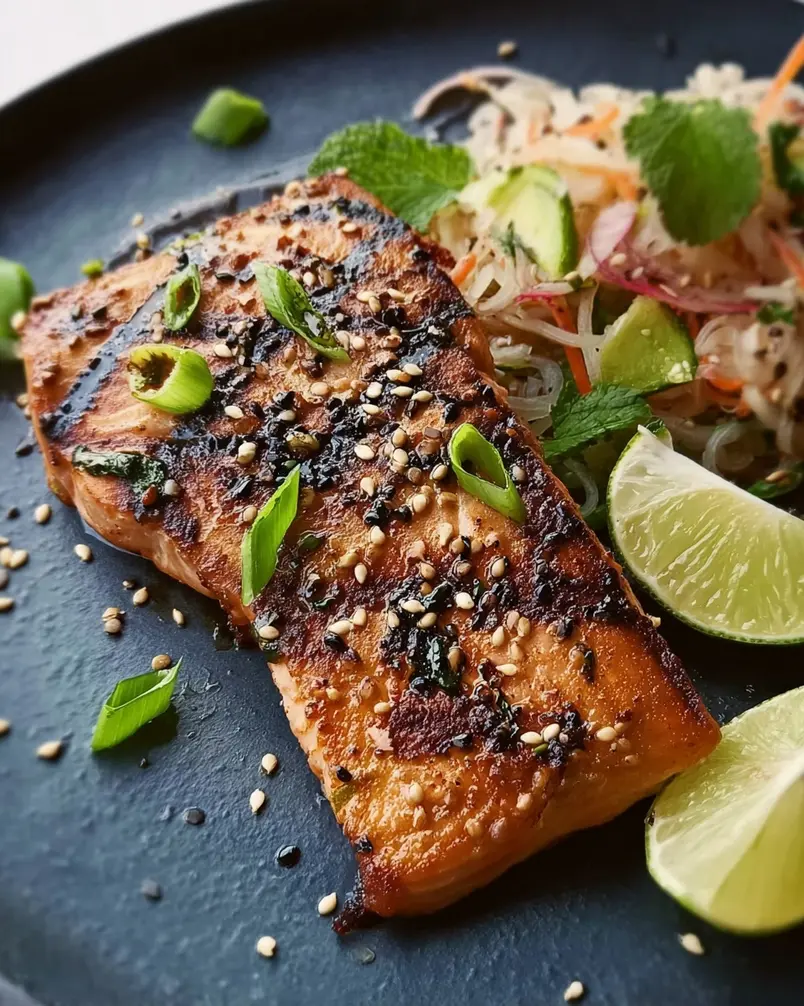 Sesame Grilled Salmon 2 Close-up of sesame crusted salmon fillet being placed on a grill