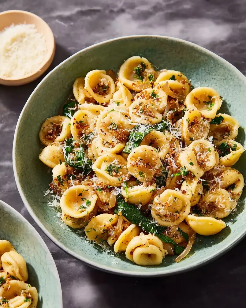One Pan Orecchiette Pasta 3 Bubbling one pan orecchiette pasta in a large skillet, with steam rising.