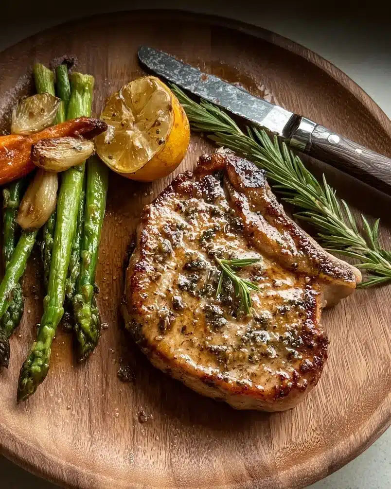 Modenese Pork Chops 3 Searing pork chops in a hot pan, creating a beautiful brown crust.