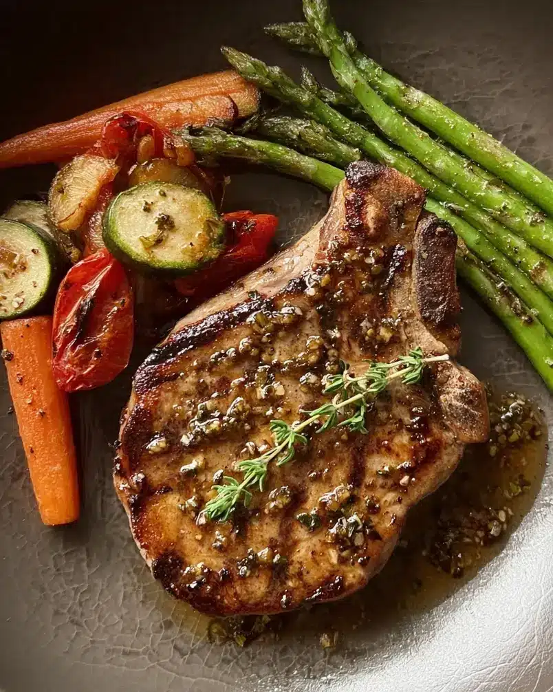 Modenese Pork Chops 2 Beautifully prepared Modenese pork chops with a rich sauce, garnished with fresh herbs.