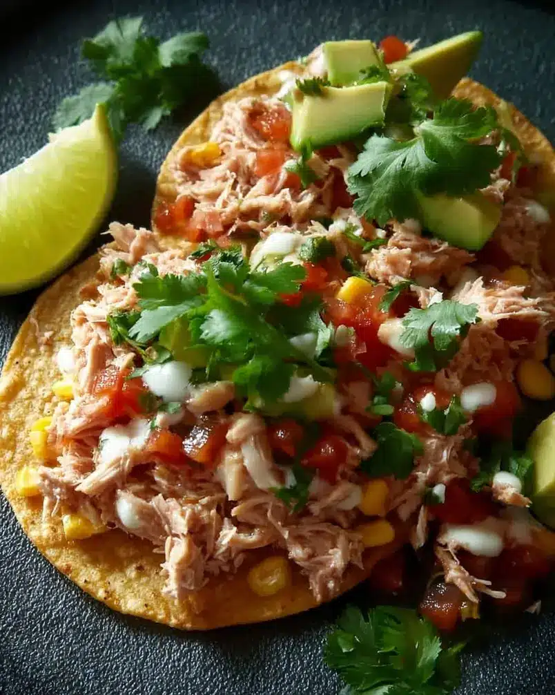 Tuna Tostadas 3 A vibrant plate of assembled tuna tostadas, showcasing layers of tuna mixture, fresh vegetables, and optional toppings, ready to be served.