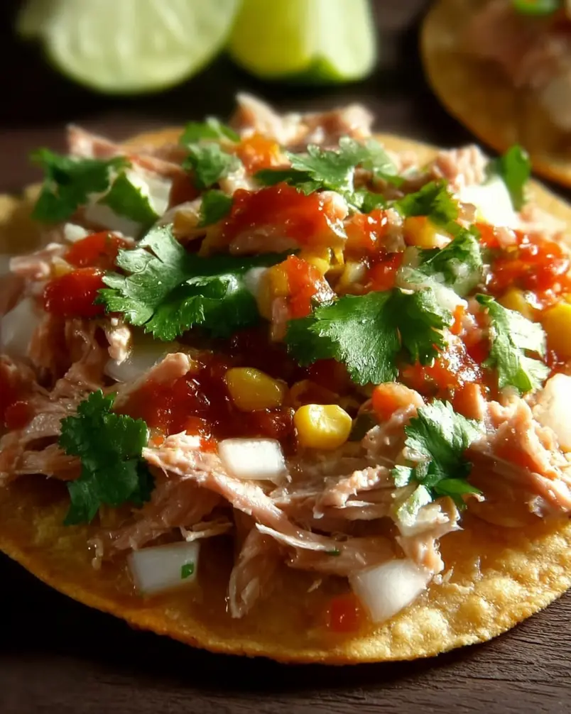 Tuna Tostadas 2 A close-up of vibrant tuna tostada ingredients laid out on a colorful cutting board, including cans of tuna, chopped vegetables, and lime wedges, ready for preparation.