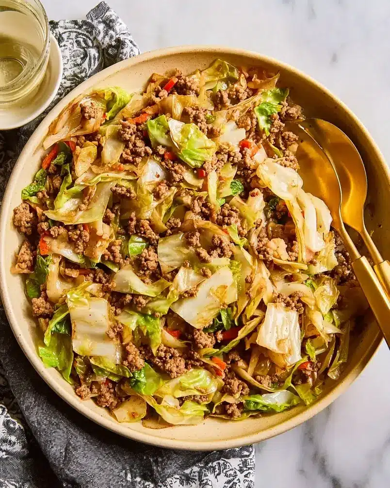 Ground Beef and Cabbage 3 Ground beef browning in a pan with onions