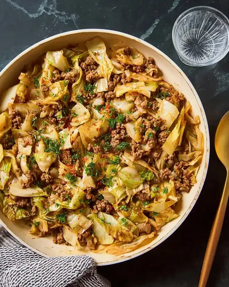Ground Beef and Cabbage 2 Fresh ground beef and chopped cabbage ready for preparation