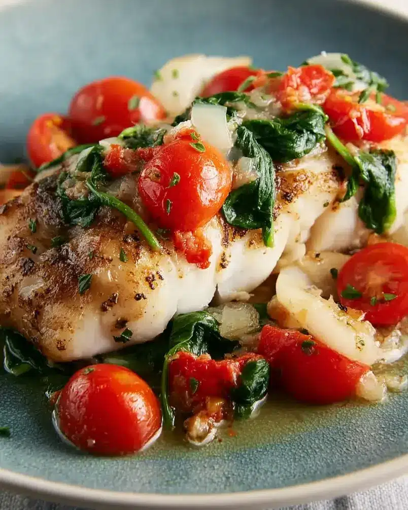 Grilled Cod with Spinach and Tomatoes 3 Grill grates with cod fillets cooking