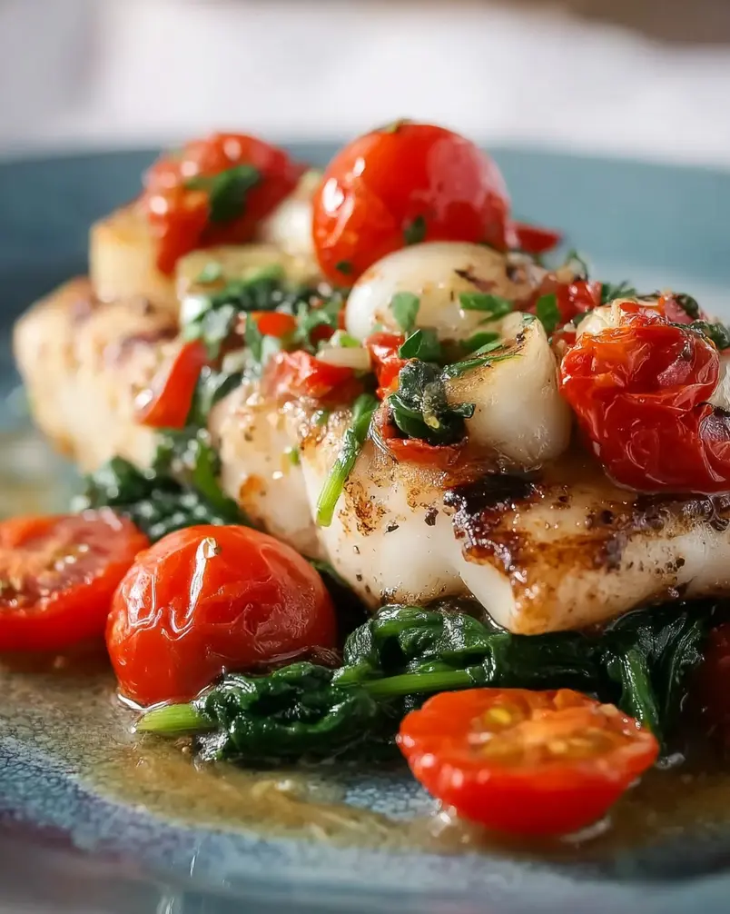 Grilled Cod with Spinach and Tomatoes 2 Grilling cod fillets with colorful vegetables