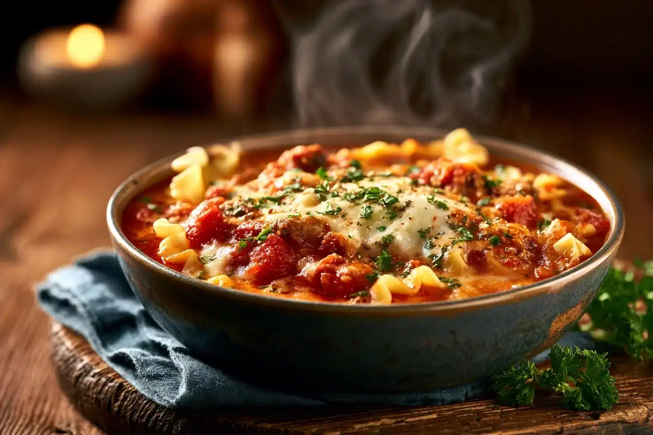 Crockpot Lasagna Soup 2 Crockpot Lasagna Soup in a bowl, garnished with fresh herbs and cheese