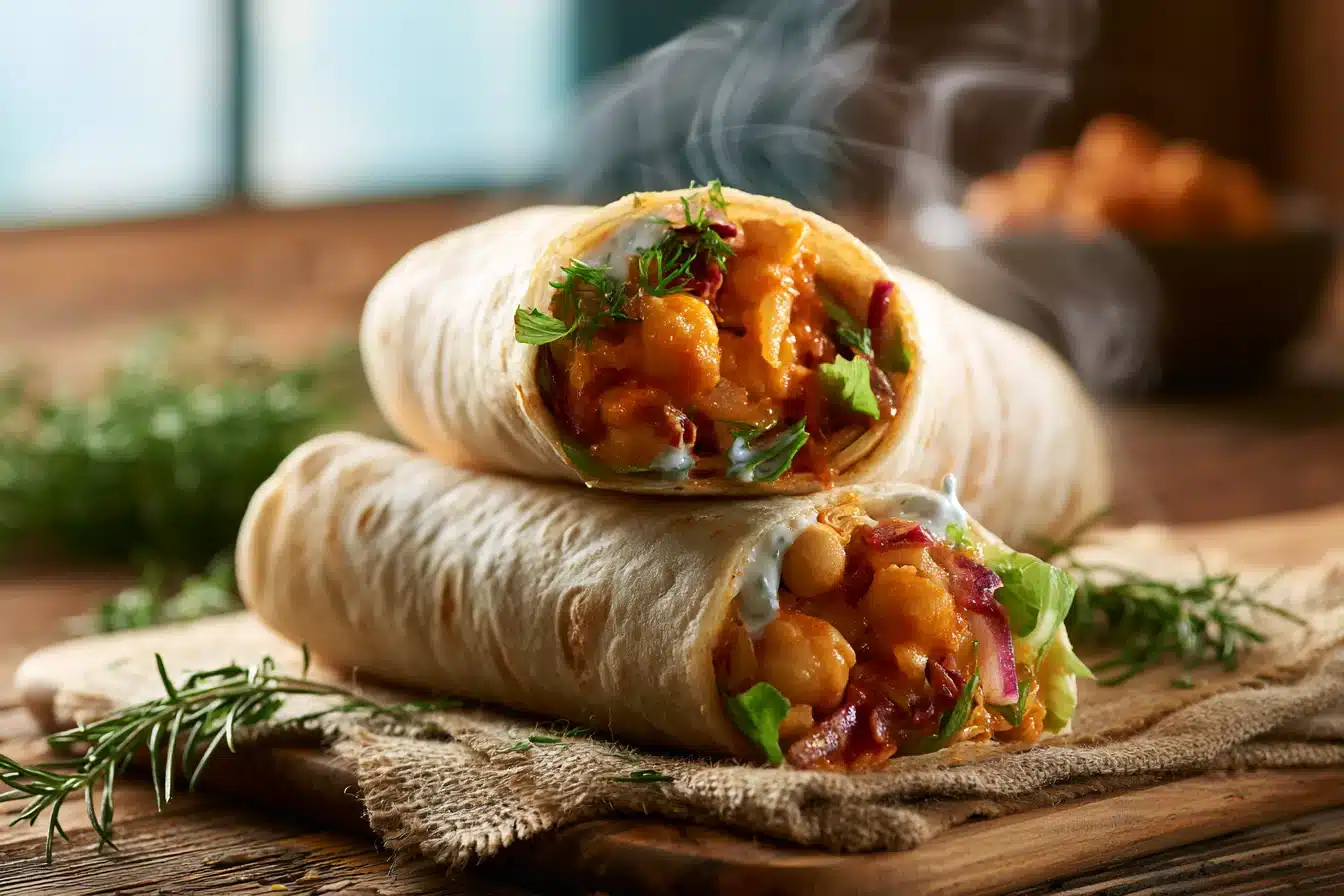Buffalo Chickpea Wraps 2 Buffalo Chickpea Wraps with creamy sauce and fresh veggies