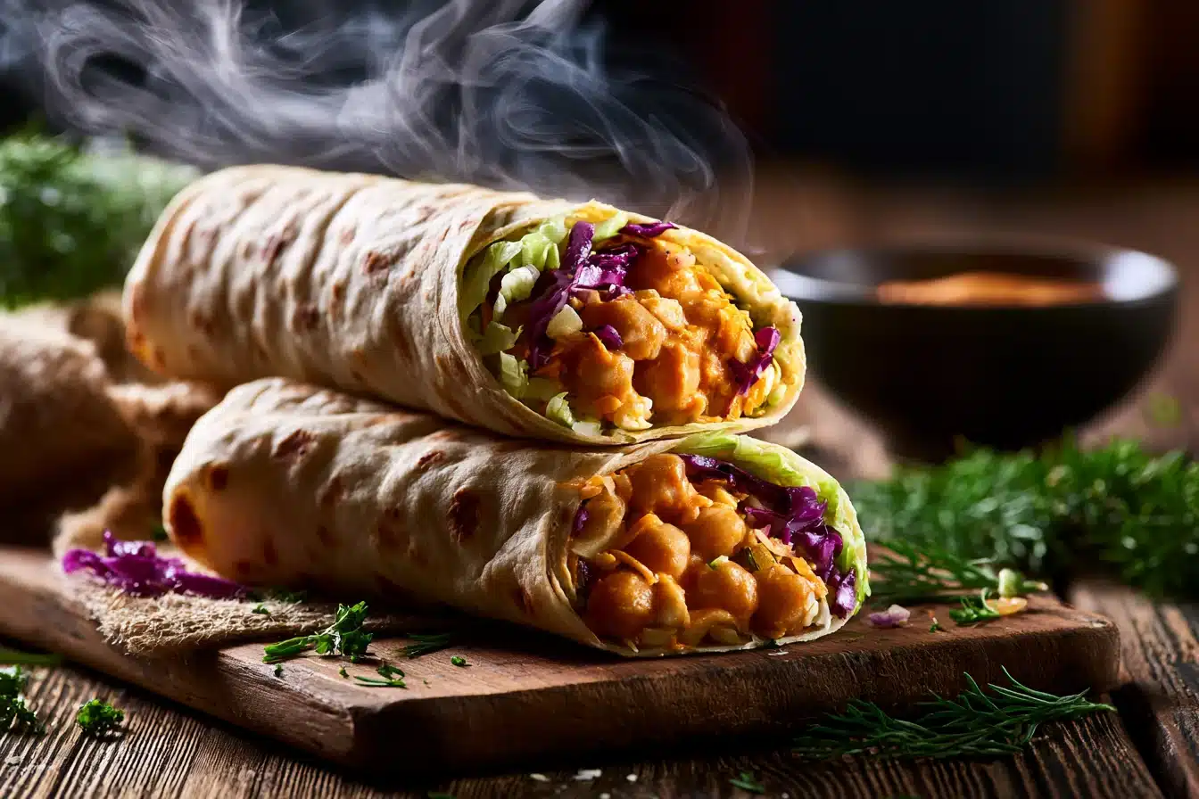 Buffalo Chickpea Wraps 3 Close-up of buffalo sauce-coated chickpeas in a skillet