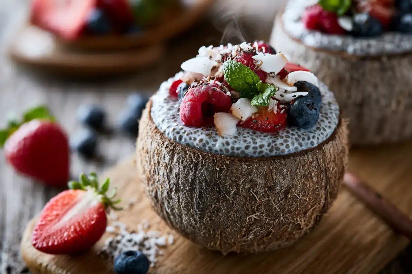 Coconut Chia Seed Pudding 2 Coconut Chia Seed Pudding in glass jars with fresh berries and coconut flakes