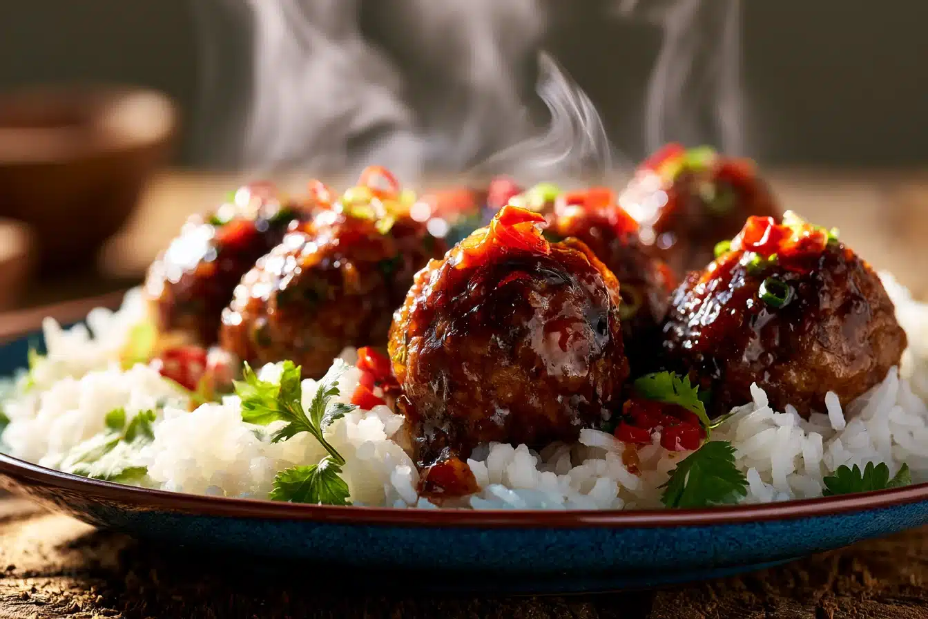 Spicy Honey Garlic Meatballs with Rice 2 Spicy Honey Garlic Meatballs with Rice
